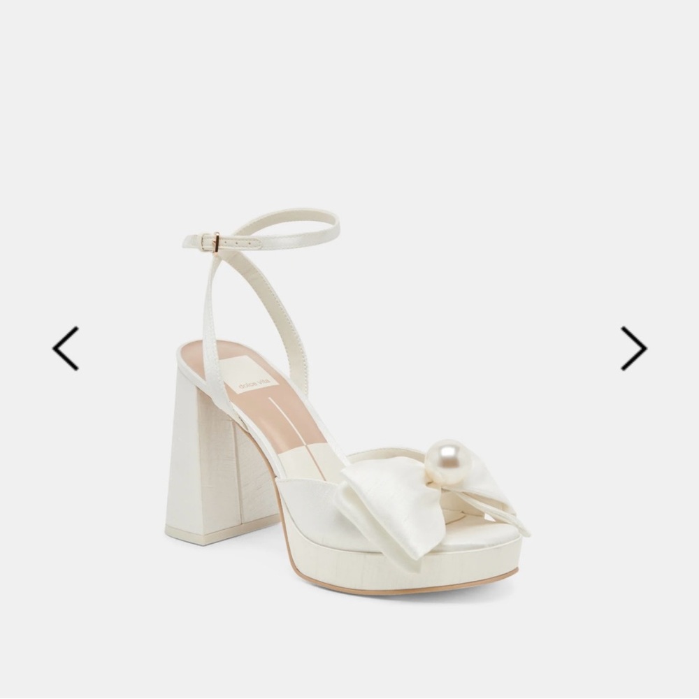 Dolce Vita Platform Ivory Satin Heels with Bow and Pearl Detail